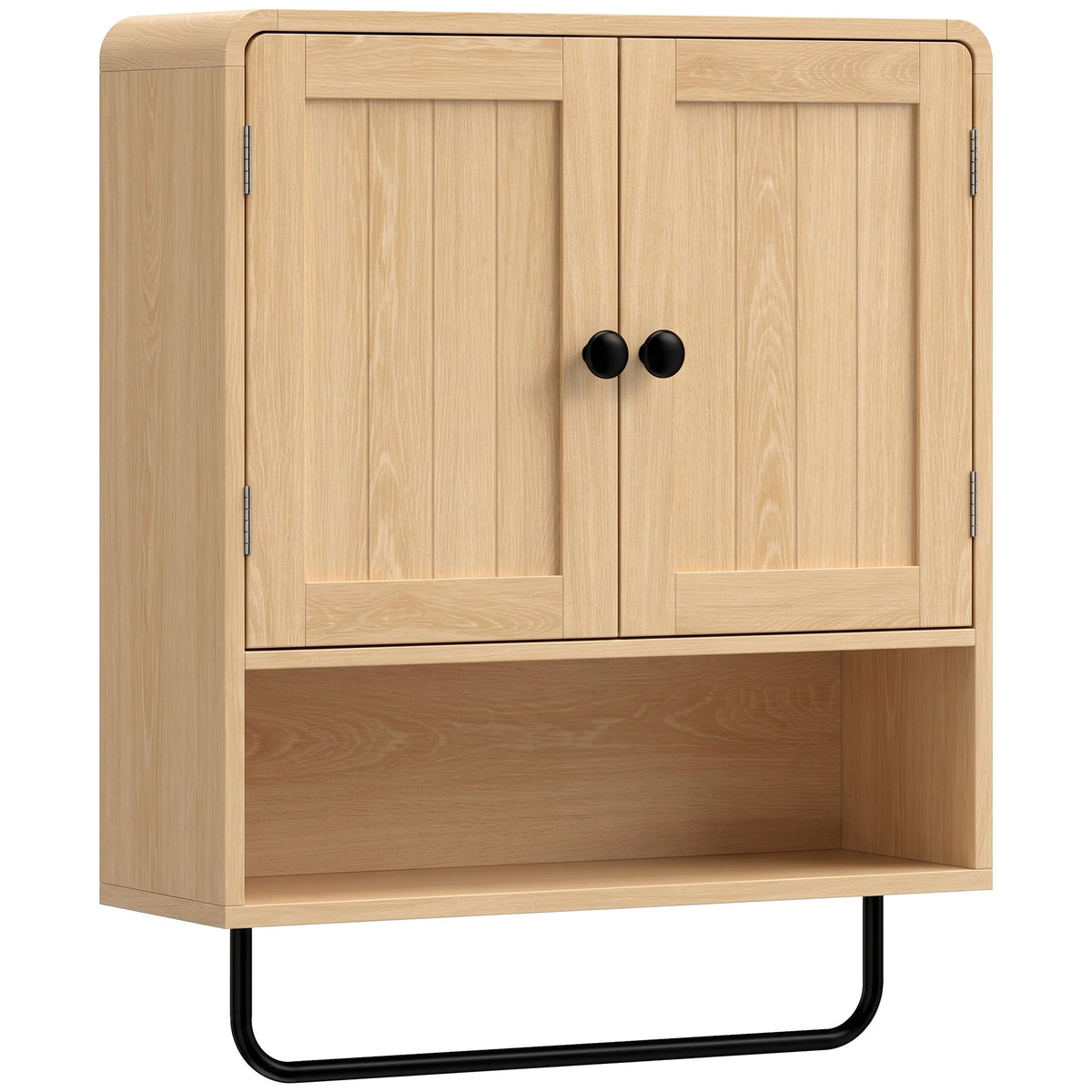 HOMCOM Bathroom Cabinet Wall Mounted with two doors and a black towel rail in a light oak finish