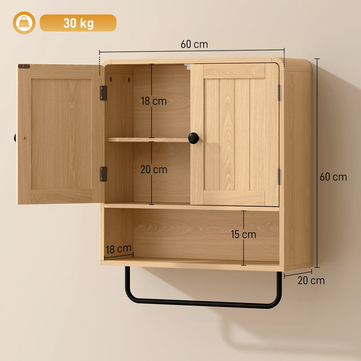 The bathroom cabinet showing internal and external dimensions with one door open
