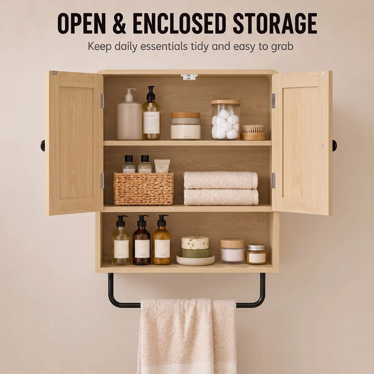The bathroom cabinet with both doors open revealing shelves filled with various toiletries