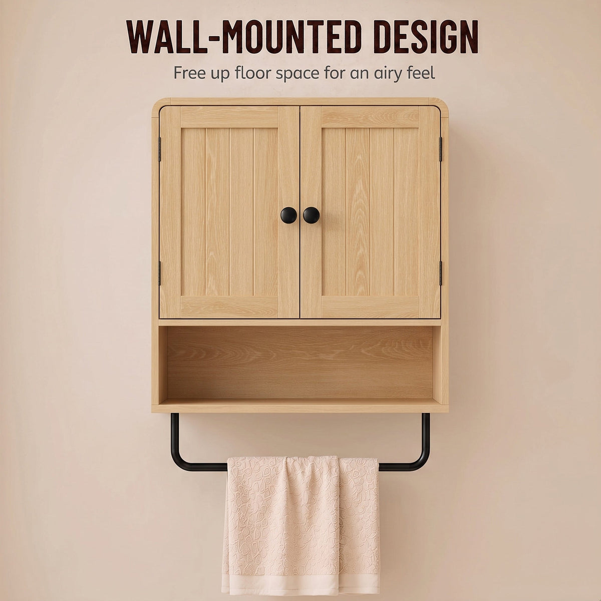 The bathroom cabinet mounted on a wall with a towel hanging from the black metal rail