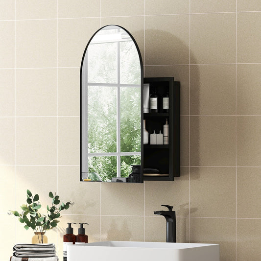 The arched bathroom cabinet with mirror is shown in a stylish bathroom setting above a sink
