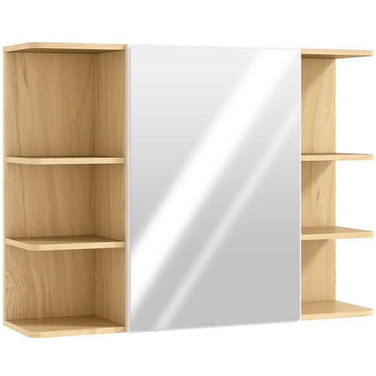 HOMCOM Bathroom Mirror Cabinet with Open Storage Shelves in a Natural Wood Finish