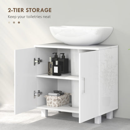 The bathroom cabinet with its doors open, revealing two shelves for storage, with bottles and a basket inside