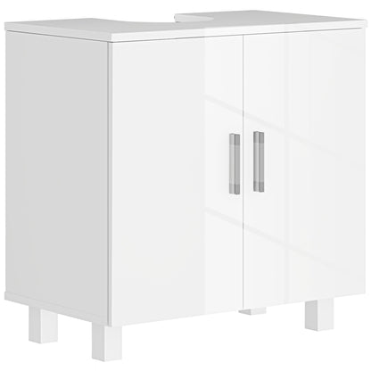 HOMCOM Bathroom Under Sink Cabinet with two doors and silver handles, high gloss white finish