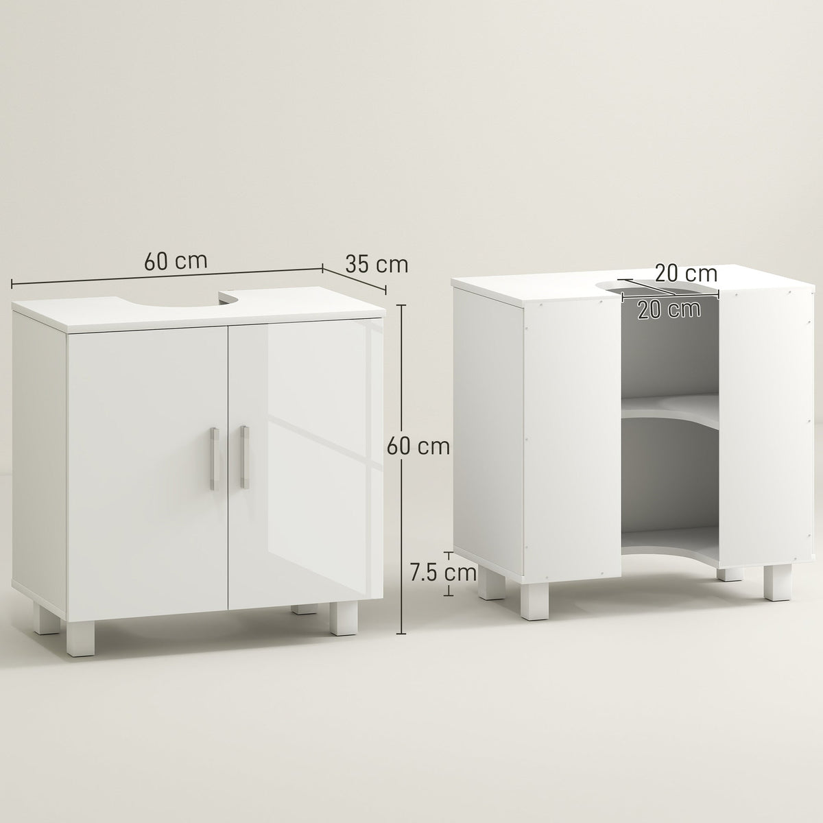The under sink cabinet is shown with dimensions for height, width, and depth, plus a cut-out for the basin