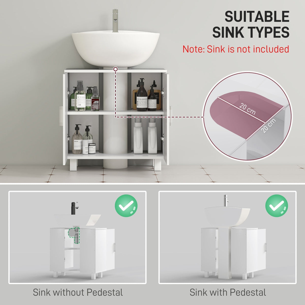 Diagram showing the under sink cabinet can be used with or without a pedestal sink, with internal shelf dimensions