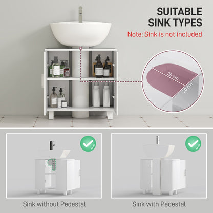 Diagram showing the under sink cabinet can be used with or without a pedestal sink, with internal shelf dimensions
