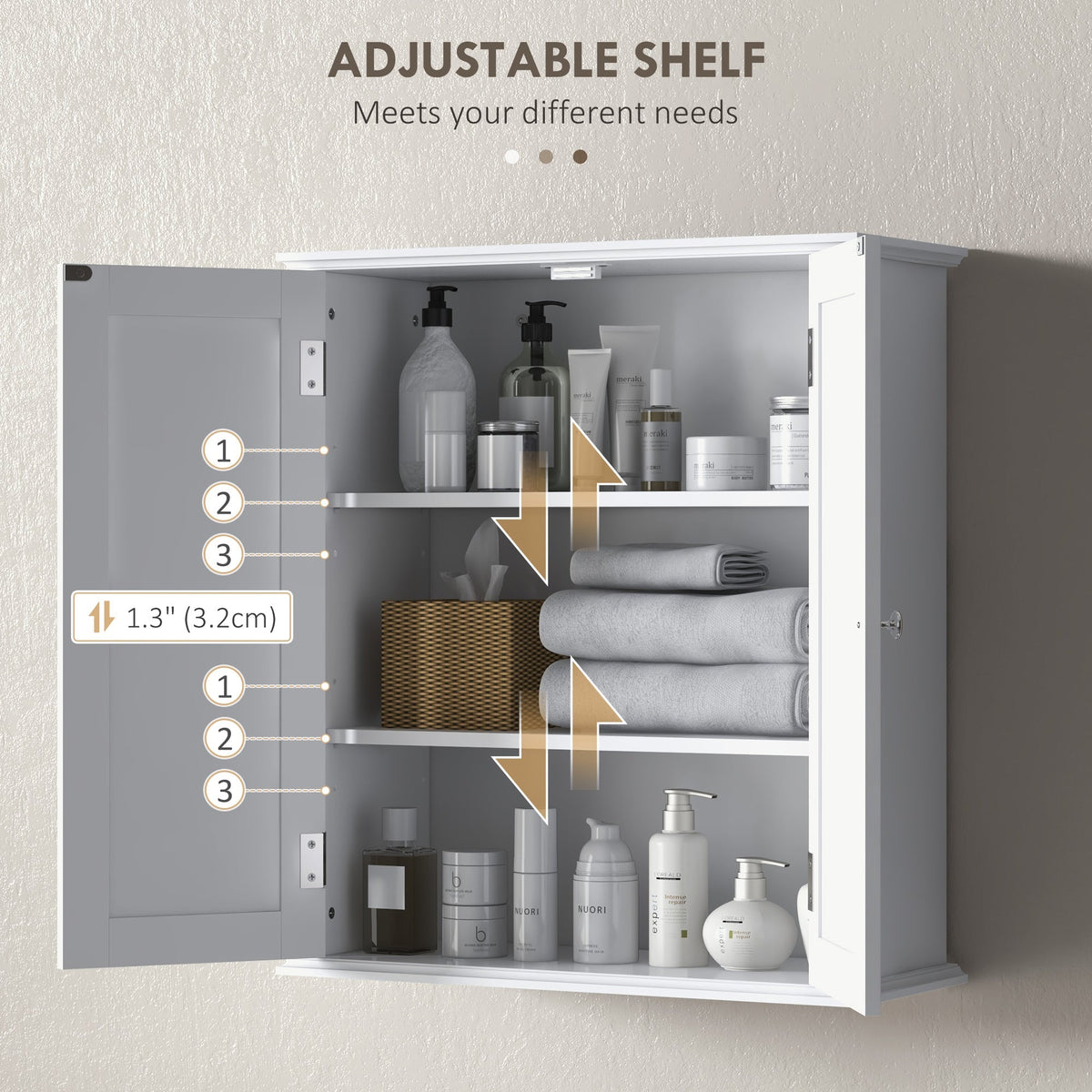 Close-up of the adjustable shelf in the bathroom cabinet, showing height options