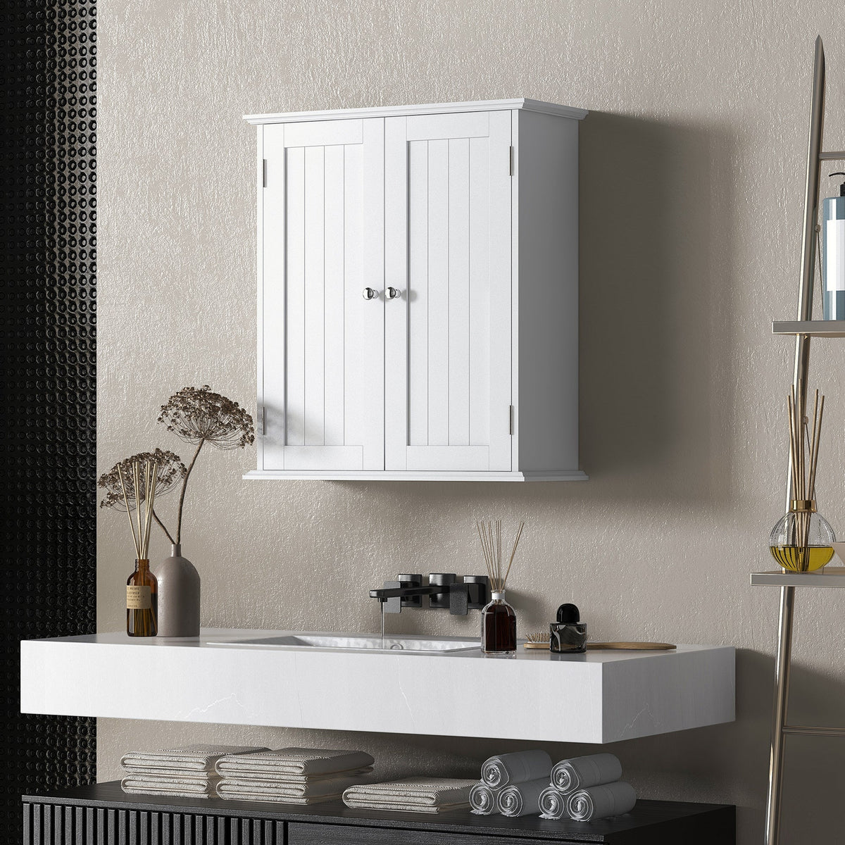 The white bathroom cabinet mounted on a wall above a sink, with toiletries and decor