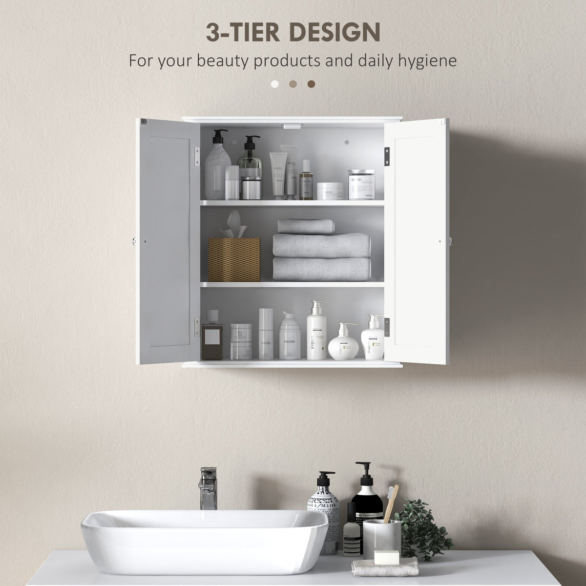 The wall-mounted cabinet filled with various bathroom products and folded towels