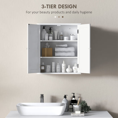 The wall-mounted cabinet filled with various bathroom products and folded towels