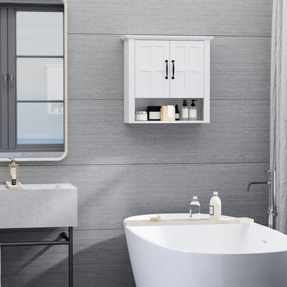 The bathroom cabinet mounted on a grey wall above a bathtub with toiletries inside