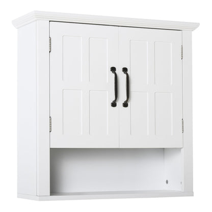 HOMCOM Bathroom Wall Cabinet with two white doors and a lower open storage shelf