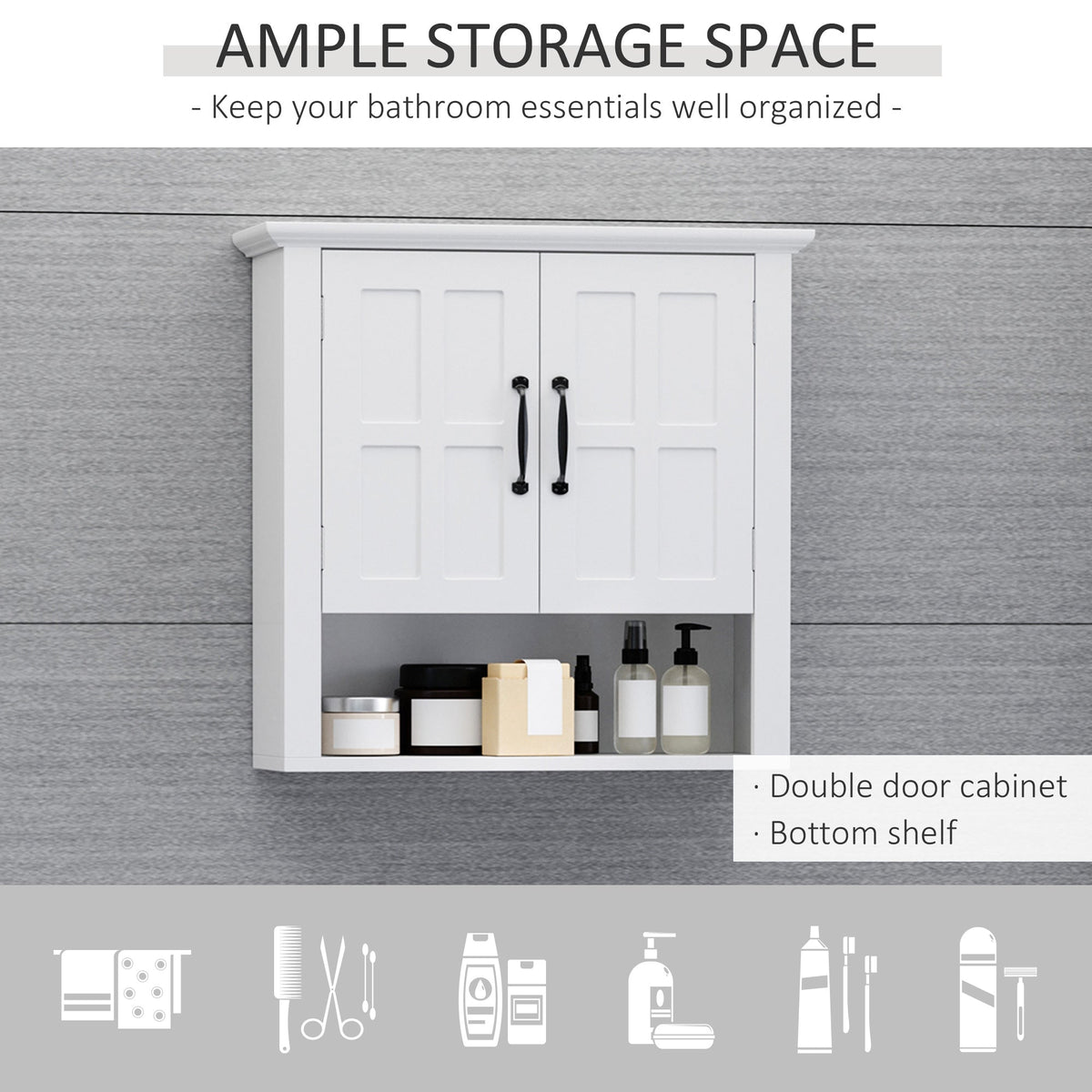 The storage cabinet displaying bathroom essentials on the shelf with icons below