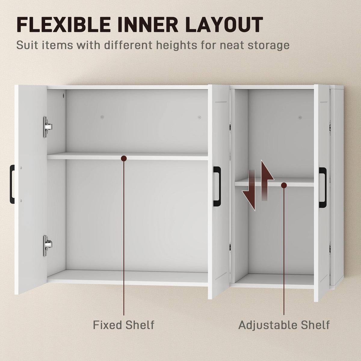 The bathroom cabinet with shelves, one fixed and one adjustable