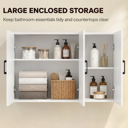 The bathroom cabinet with all doors open, showing stored toiletries and towels