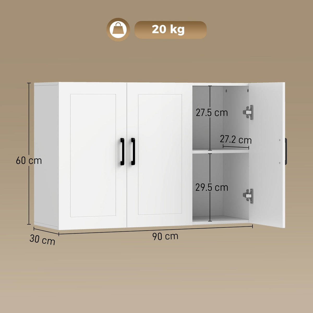 The white bathroom cabinet with dimensions shown for width, depth and height