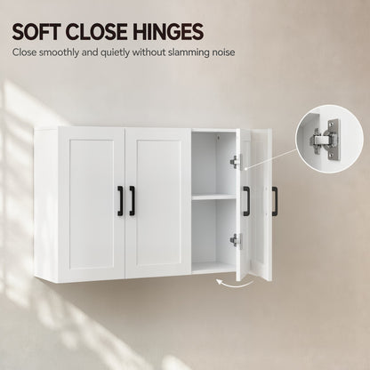 The bathroom cabinet with a close-up of a soft close hinge on an open door