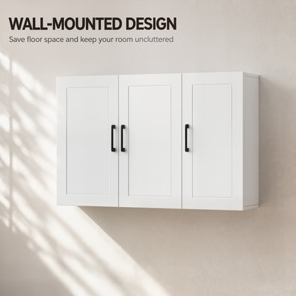 The wall mounted cabinet showing its clean white finish against a wall with shadows