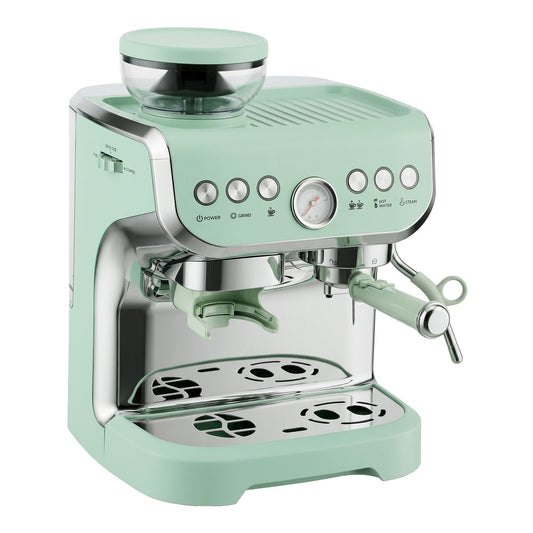 HOMCOM Bean to Cup Coffee Machine in light green with a bean hopper and steam wand