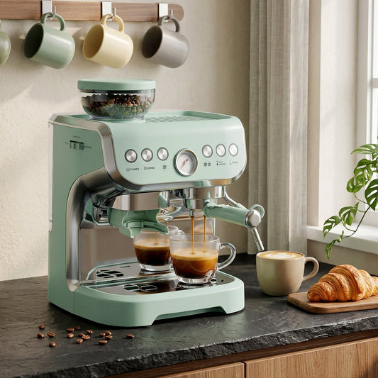 The espresso machine brewing coffee into two glass cups on a kitchen counter