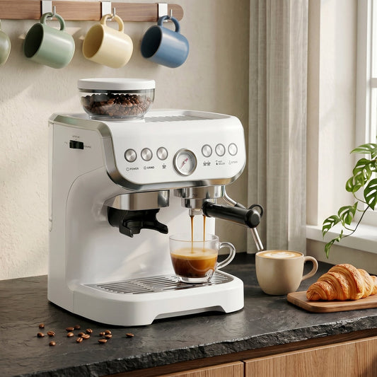 The white bean to cup coffee machine making an espresso into a glass cup with coffee beans scattered on the counter