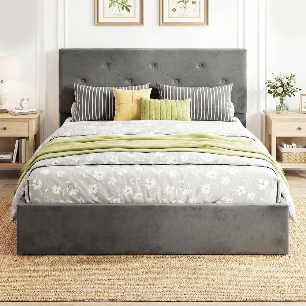 The king size bed frame dressed with bedding in a bedroom setting