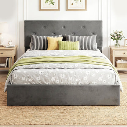 The king size bed frame dressed with bedding in a bedroom setting
