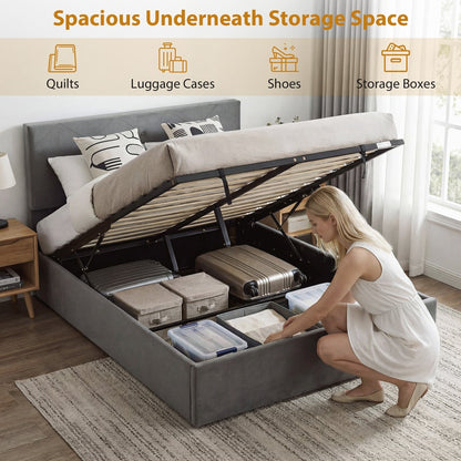 The king size bed frame with the gas lift open showing ample storage space underneath