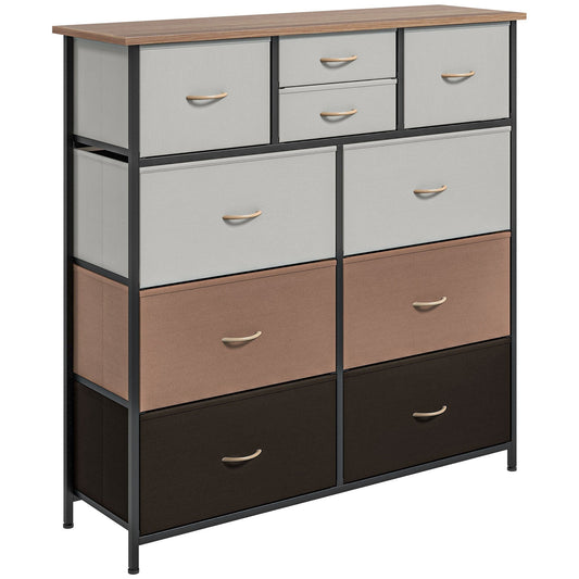 HOMCOM Bedroom Chest of Drawers with a wooden top and ten fabric drawers in grey, beige and brown