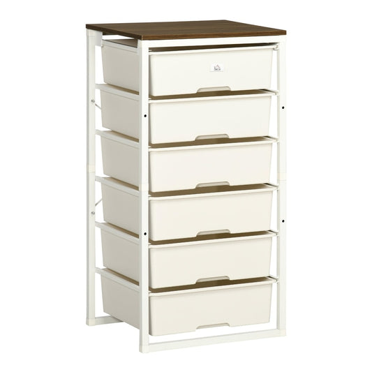 HOMCOM Bedroom Chest of Drawers, a tall white 6-drawer storage unit with a dark wood effect top and a steel frame