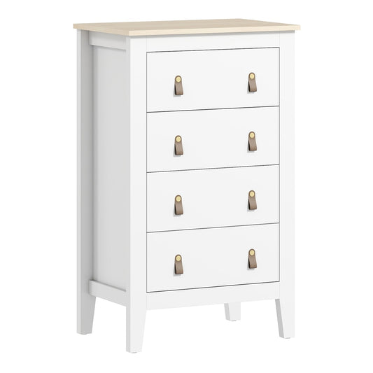 HOMCOM Bedroom Chest of Drawers, a white four-drawer dresser with light wood top and PU leather handles