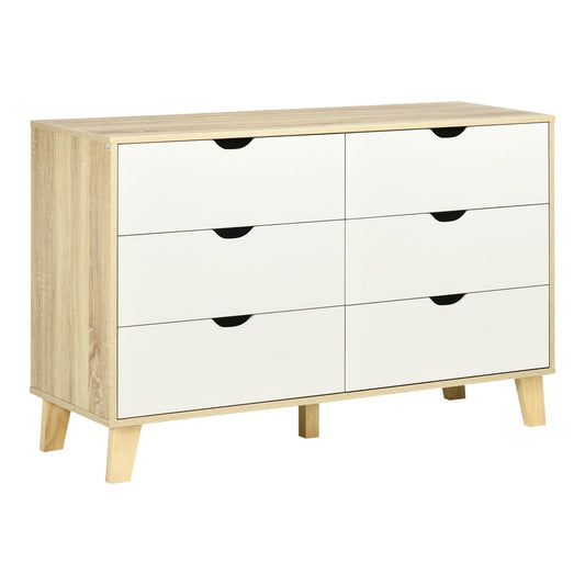 HOMCOM Bedroom Chest of Drawers, a white six-drawer dresser with light brown wood effect frame and legs