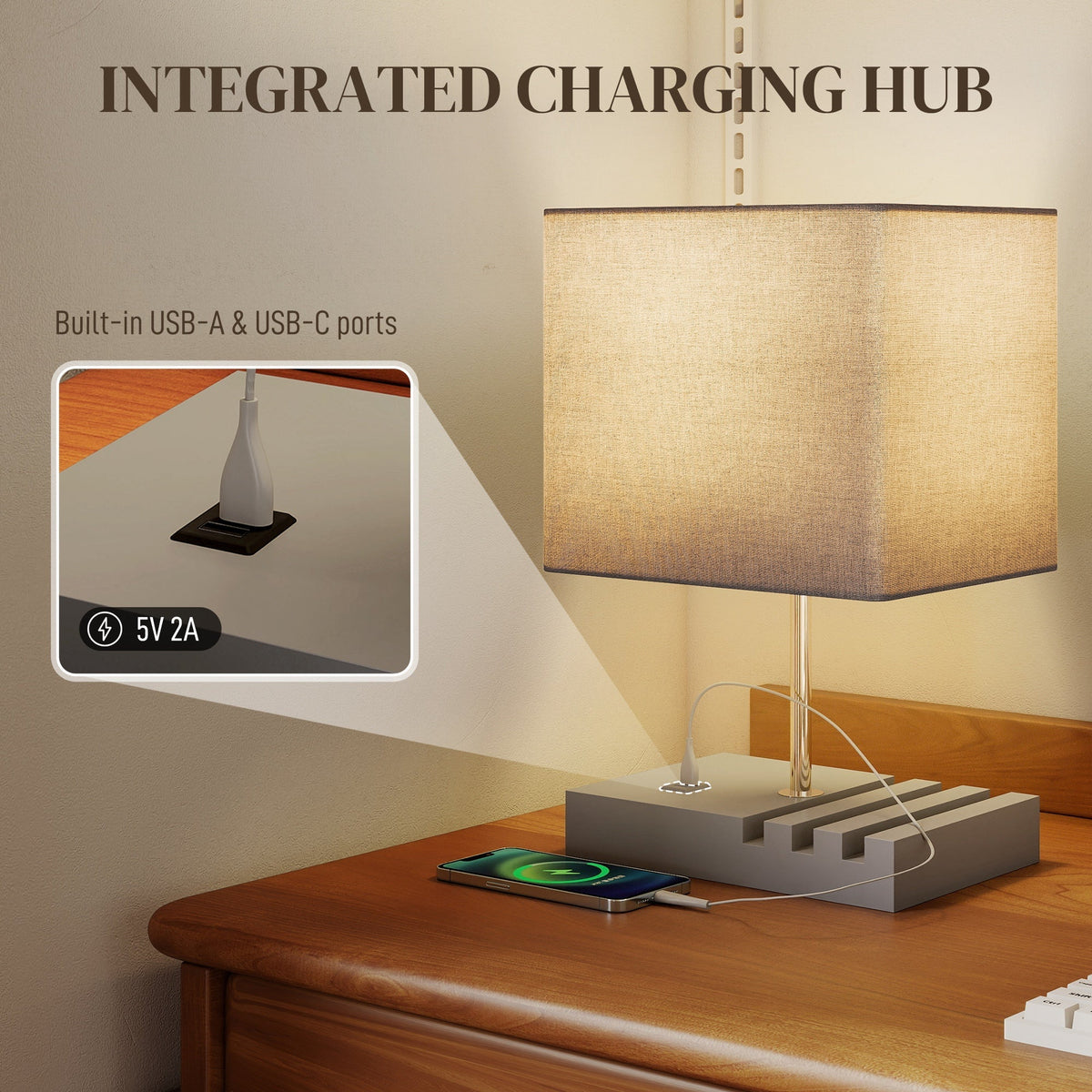 The table lamp highlighting the integrated charging ports with a close-up of the USB connection
