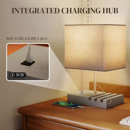 The table lamp highlighting the integrated charging ports with a close-up of the USB connection