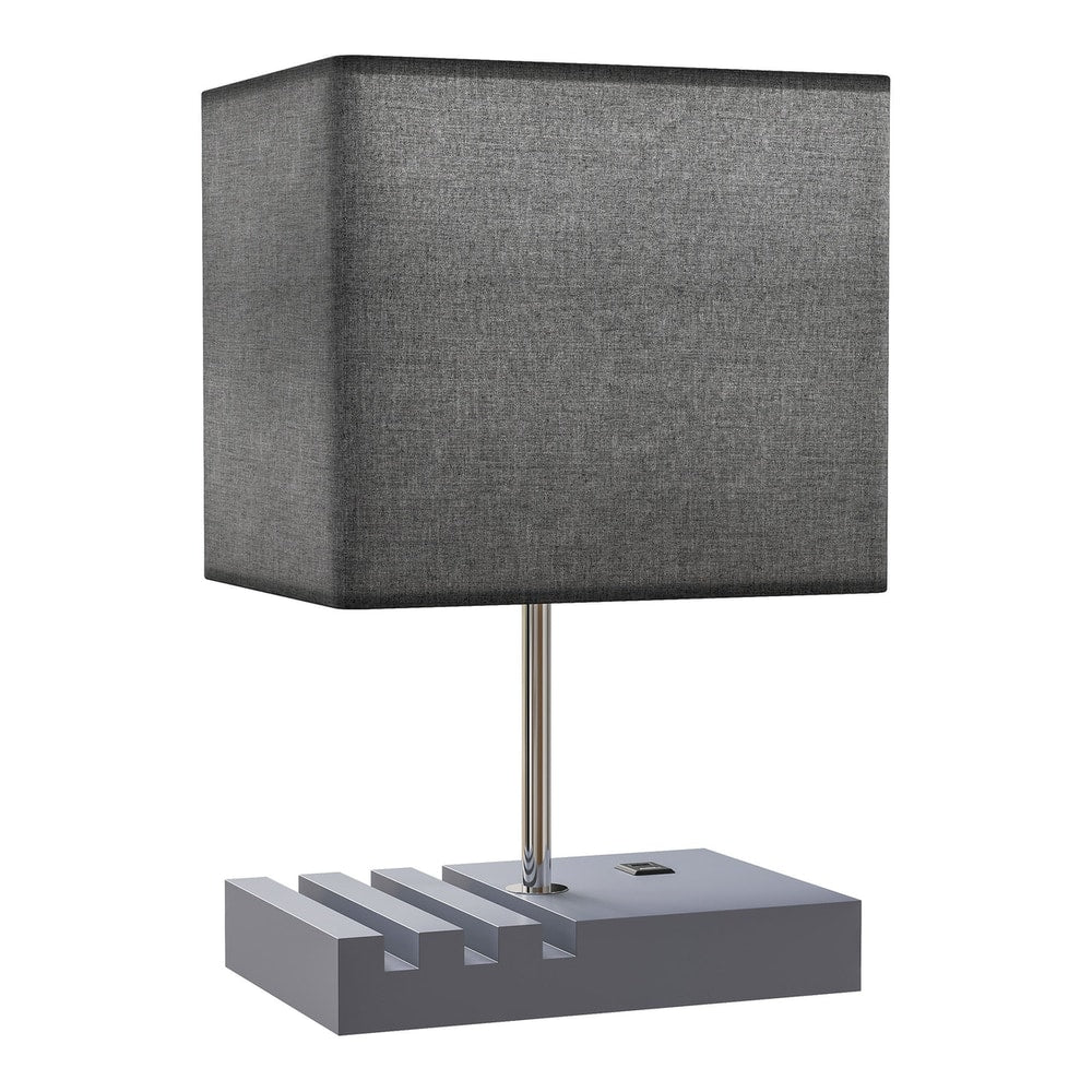 HOMCOM Bedside Lamp with a grey fabric shade and a rectangular base featuring phone slots