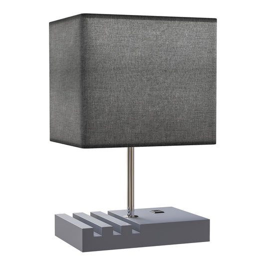 HOMCOM Bedside Lamp with a grey fabric shade and a rectangular base featuring phone slots
