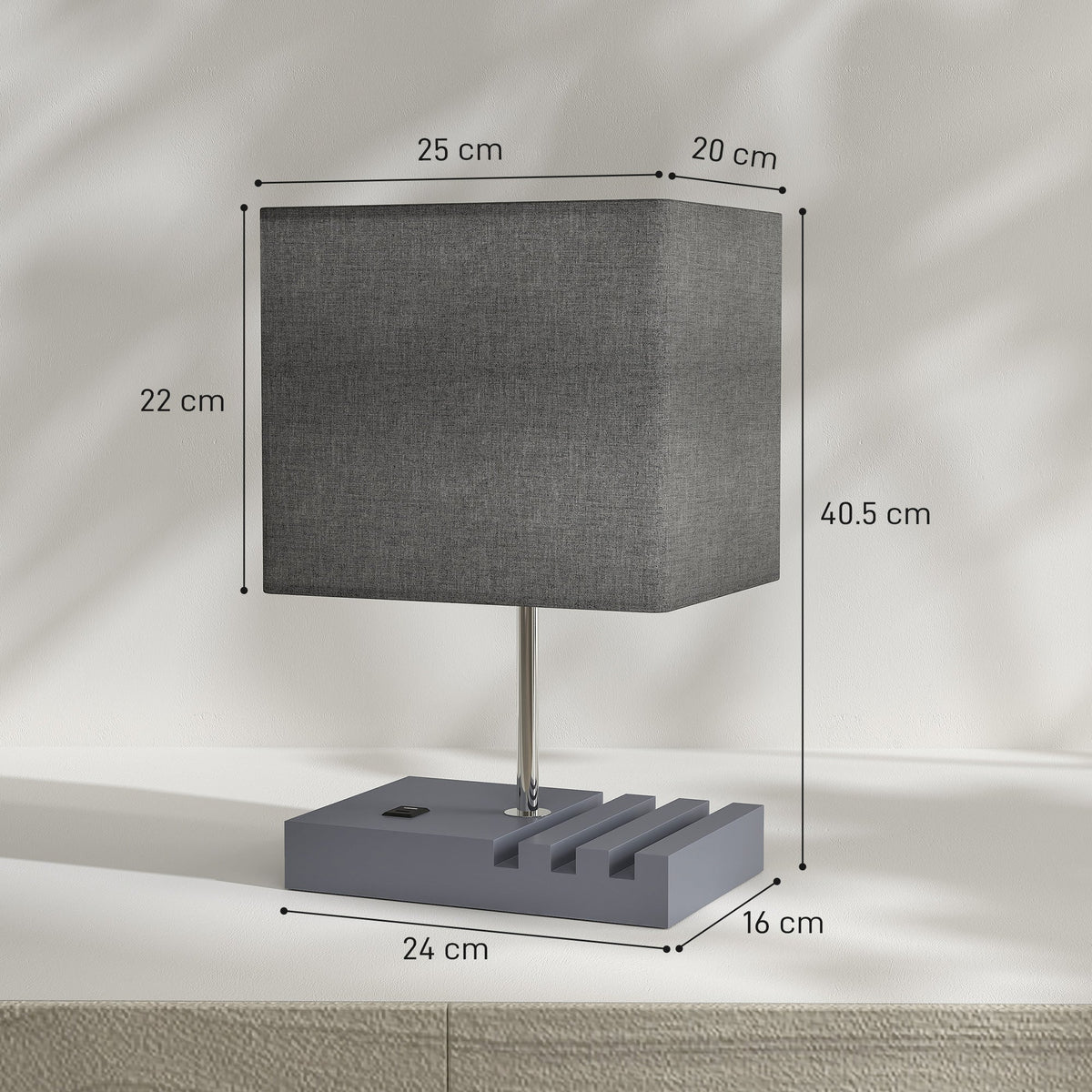 The table lamp shown against a plain background with lines indicating its overall dimensions