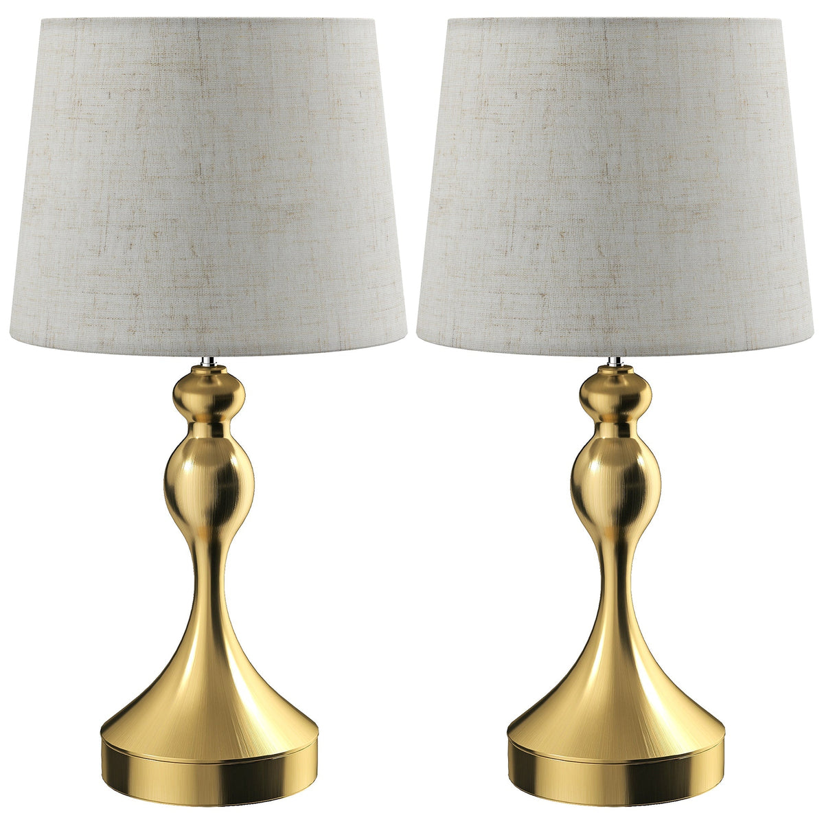 HOMCOM Bedside Lamps Set of 2 with gold bases and linen shades on a white background