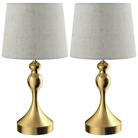 HOMCOM Bedside Lamps Set of 2 with gold bases and linen shades on a white background