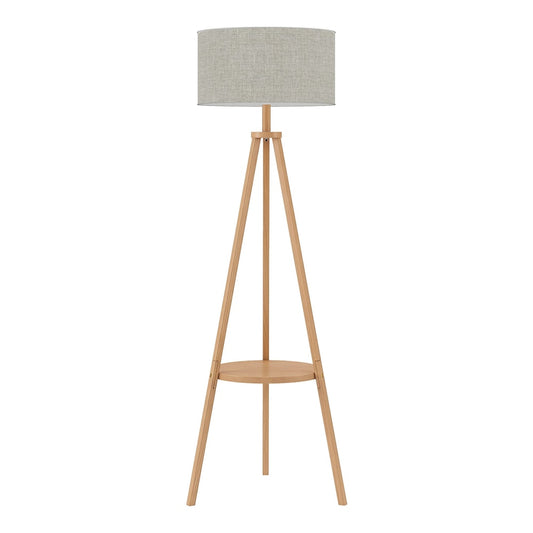 HOMCOM Bedside Light featuring a tripod wooden base with a round storage shelf and linen shade