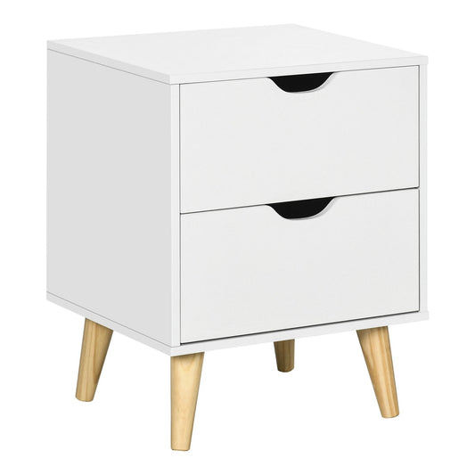 HOMCOM Bedside Table, a white cabinet with two drawers and four angled pine wood legs