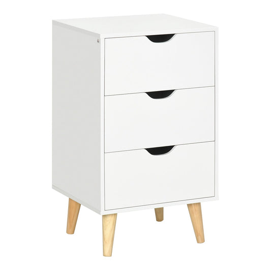HOMCOM Bedside Table with three white drawers and light wood legs