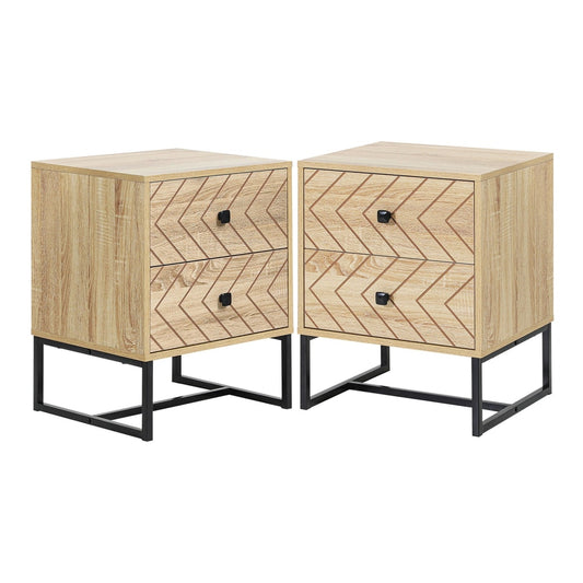 HOMCOM Bedside Table Nightstand two-drawer bedroom storage unit with zig zag design and black metal handles, set of 2