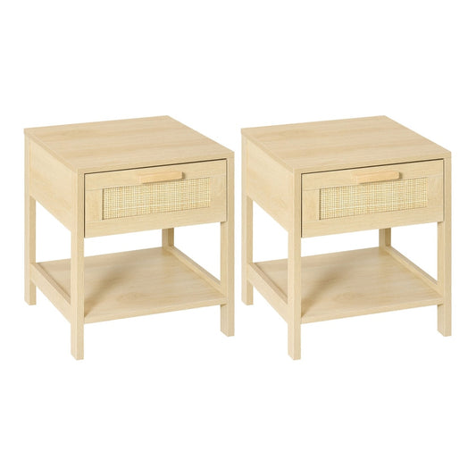 HOMCOM Bedside Table set of two with light wood finish and rattan drawer fronts