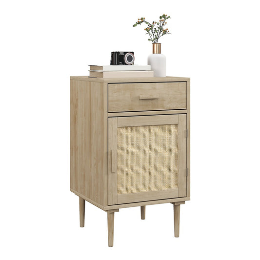 HOMCOM Bedside Table with a drawer and a rattan door standing against a plain white background