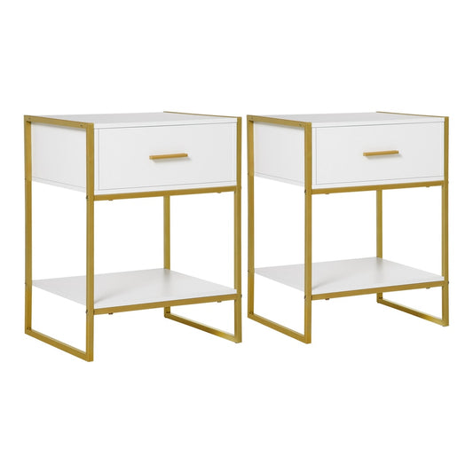HOMCOM Bedside Table Set of 2, modern white side tables with gold frames and a drawer