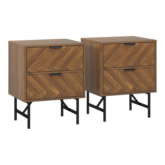 HOMCOM Bedside Table Set of 2 with 2 Drawers, modern side tables with herringbone pattern and metal legs