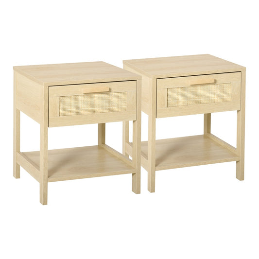 HOMCOM Bedside Table Set of 2 with Rattan Drawer, two light wood cabinets with a drawer and shelf