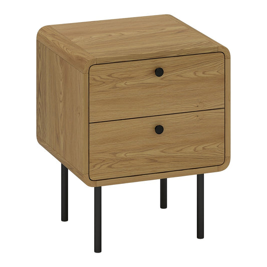 HOMCOM Bedside Table with 2 Drawers and Steel Legs in a light wood finish with black handles